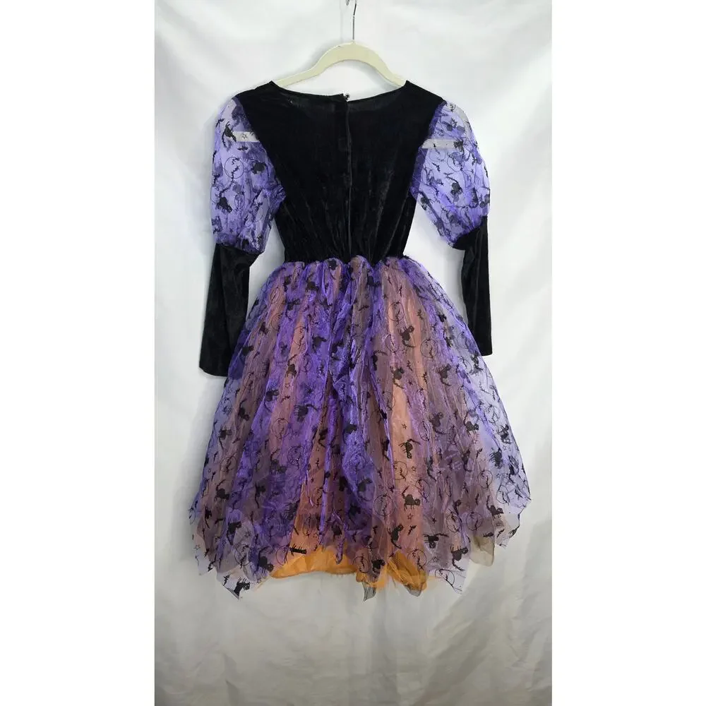 Light Up Witch Costume With Head Band Hat Girls L Purple Orange Halloween Dress